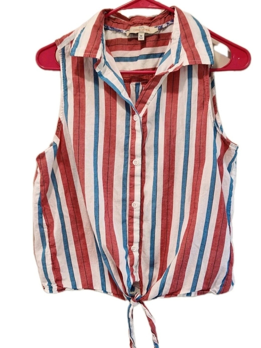 Casa Cabana Striped Tie-Front Sleeveless Button-Up Top Cotton Red, Blue, White